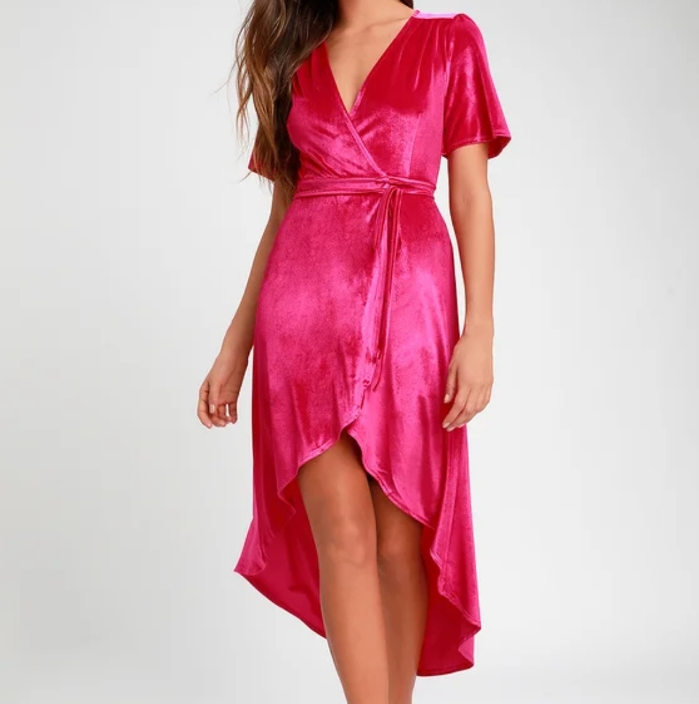 Lulus - Amour Hot Pink Velvet High-Low Wrap Dress